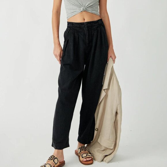 Free People Lotta Love Linen Trousers Pants High-Rise Wide-Leg Black XS-2 265257 - Picture 1 of 10